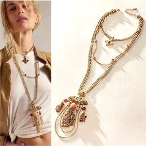 NWT Free People Catriona Layer Necklace Orange Red Gold New boho semi precious